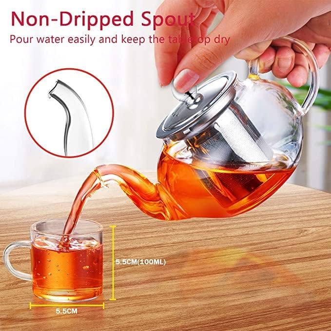 PluieSoleil Teapot with Infuse, 600ml Glass Teapot ,Tea Pot infusers ,Clear Teapot Infuser with 304 Stainless Steel Tea Strainer,4 Cups Sets 1 Sponge Brush 1 Tea Infuser Saucer
