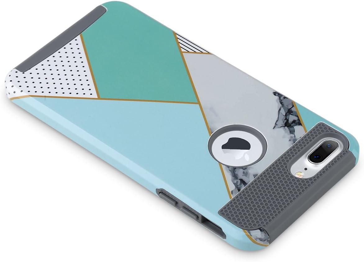 ULAK iPhone 7 Plus Case, Slim Dual Layer Protection Scratch Resistant Hard Back Cover Shock Absorbent TPU Bumper Case for Apple iPhone 7 Plus 5.5 inch, Mint Geometric Marble
