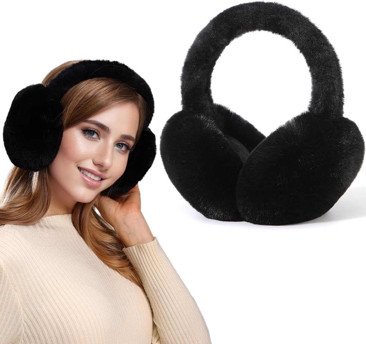 Women Winter Ear Muffs Warm faux fur Earmuffs Foldable Ear Warmer Ladies Ear Covers 1/2Pack