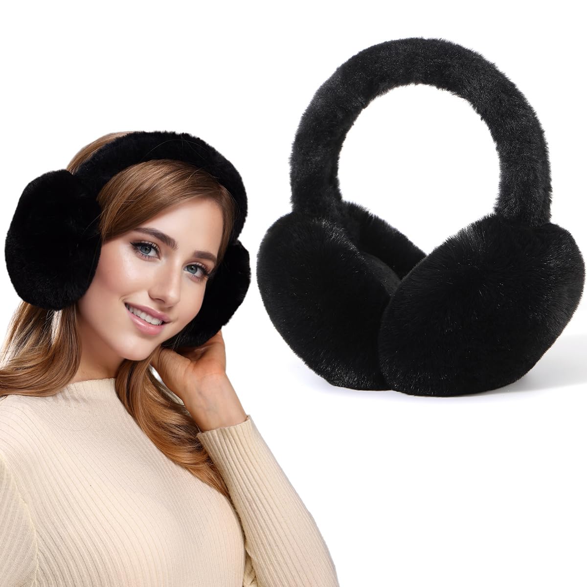 Dwenarry Women's Black Ear Muffs For Winter Faux Fur Earmuffs Foldable Ear Warmers For Cold Weather 1Pack