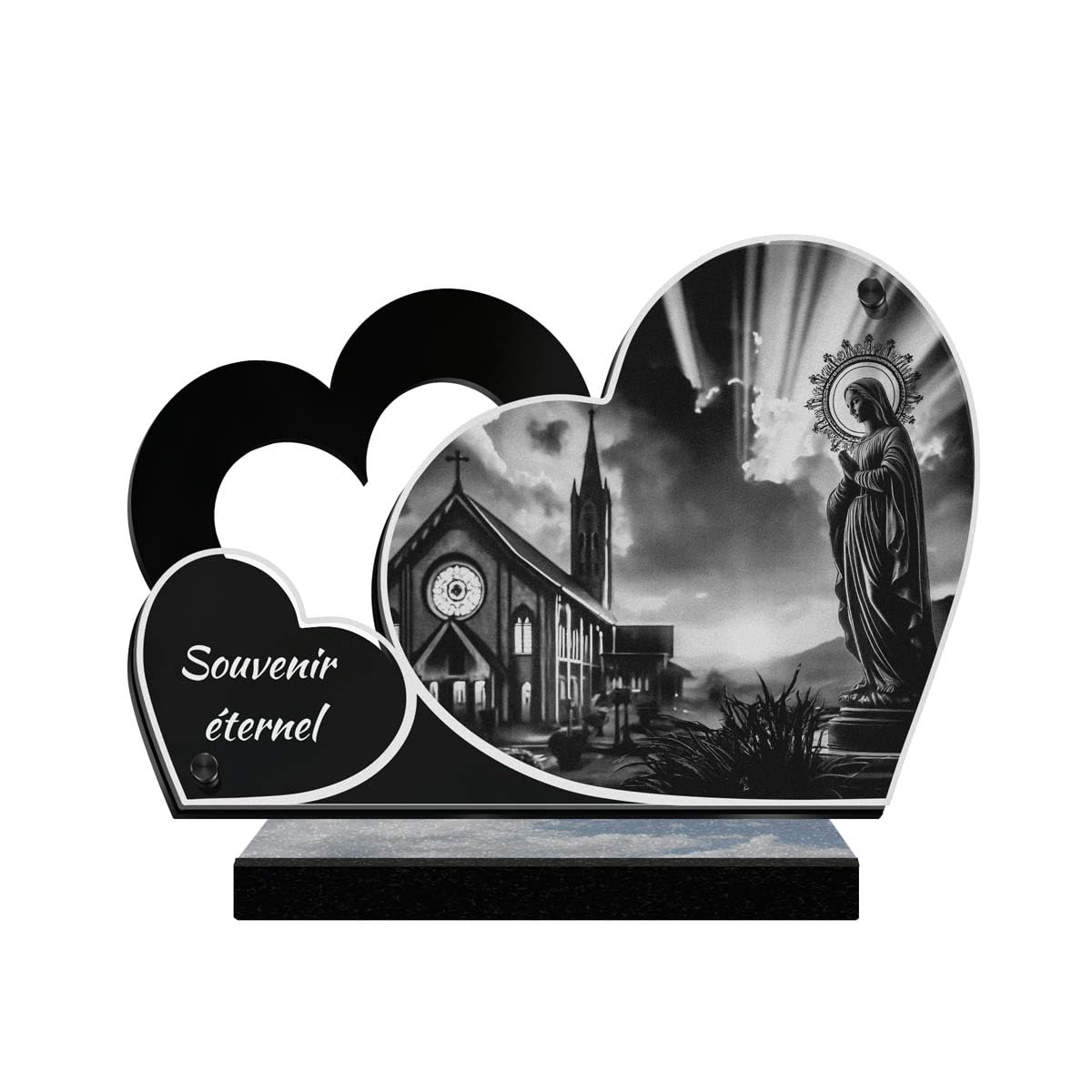 Plaque funéraire gravée au laser ETERNEL avec église et Sainte Marie