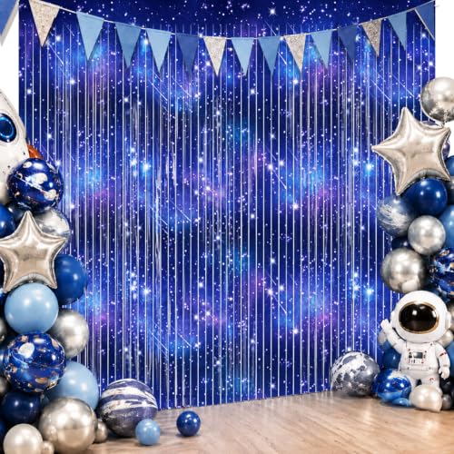 Image of 4 Packs Galaxy Foil Fringe Curtain, Blue Glitter Metallic Tinsel Backdrop for Birthday Baby Shower Outer Space Alien Party Decorations Supplies