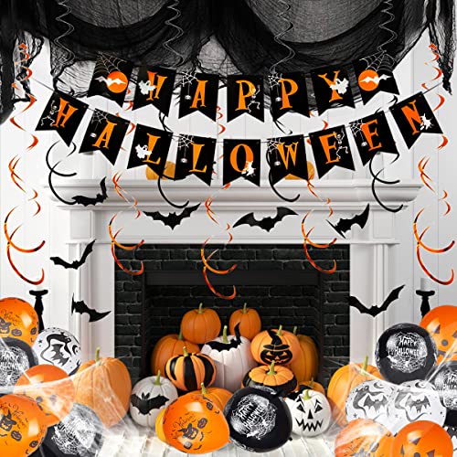 Halloween Deko Gruselig, Horror Happy Halloween Girlande mit Luftballoon, Gruselig Halloween, Spiralen Deckendeko 3D Fledermaus Wanddeko, Spinnennetz fur Helloween Dekoartikel Indoor Outdoor Cover