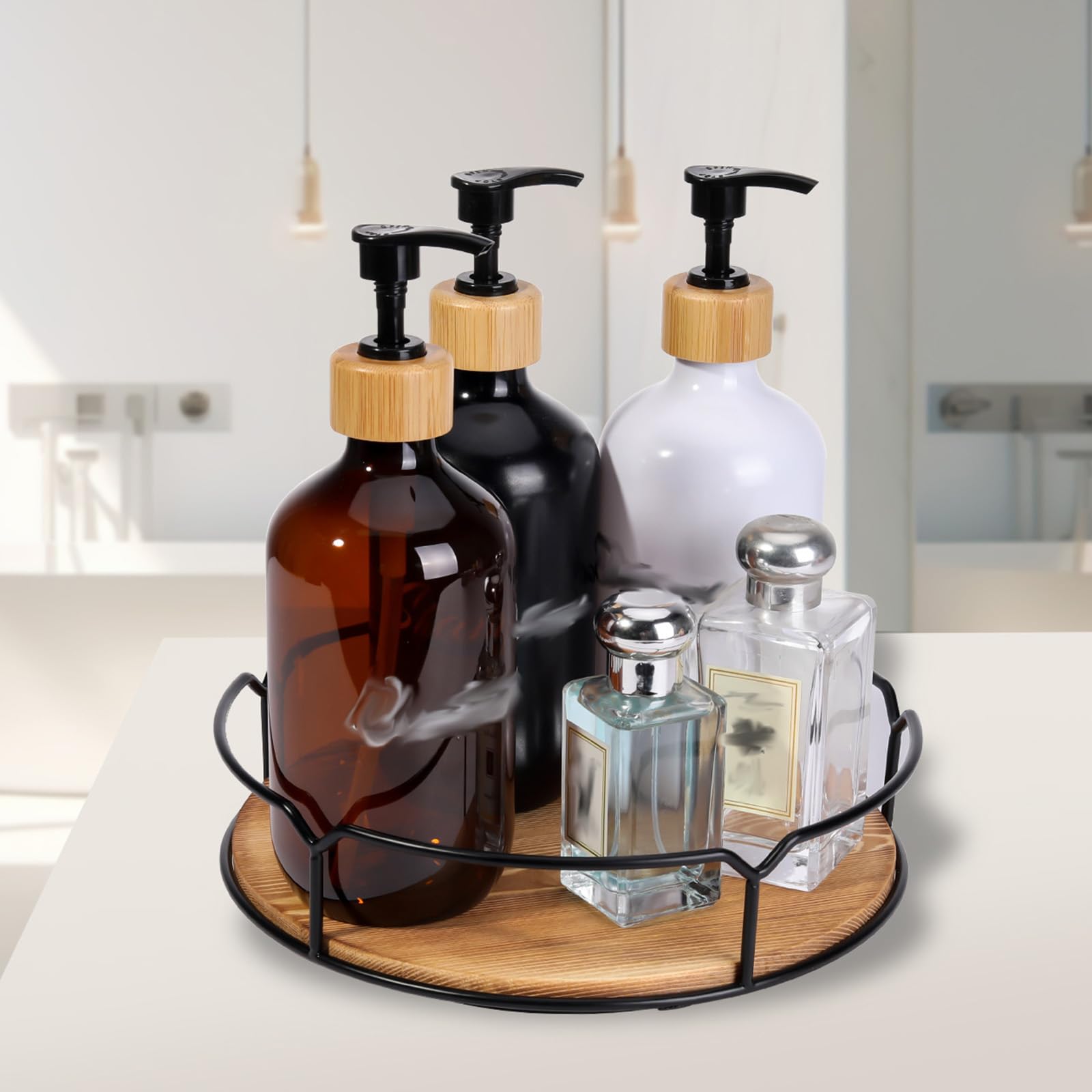 Plateau tournant à épices rotatif à 360° antidérapant Lazy Susan, étagère à épices Lazy Susan, étagère de rangement en bois, avec bord supérieur pour le rangement des épices, armoire, salle de bain