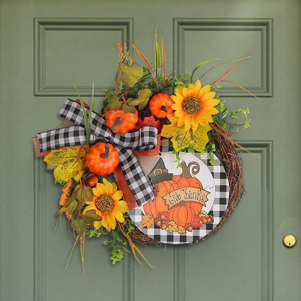 Couronne D'automne Décoration Porte 45 Cm - Feuilles érable, Citrouilles, Pommes De Pin, Pour Thanksgiving/Halloween