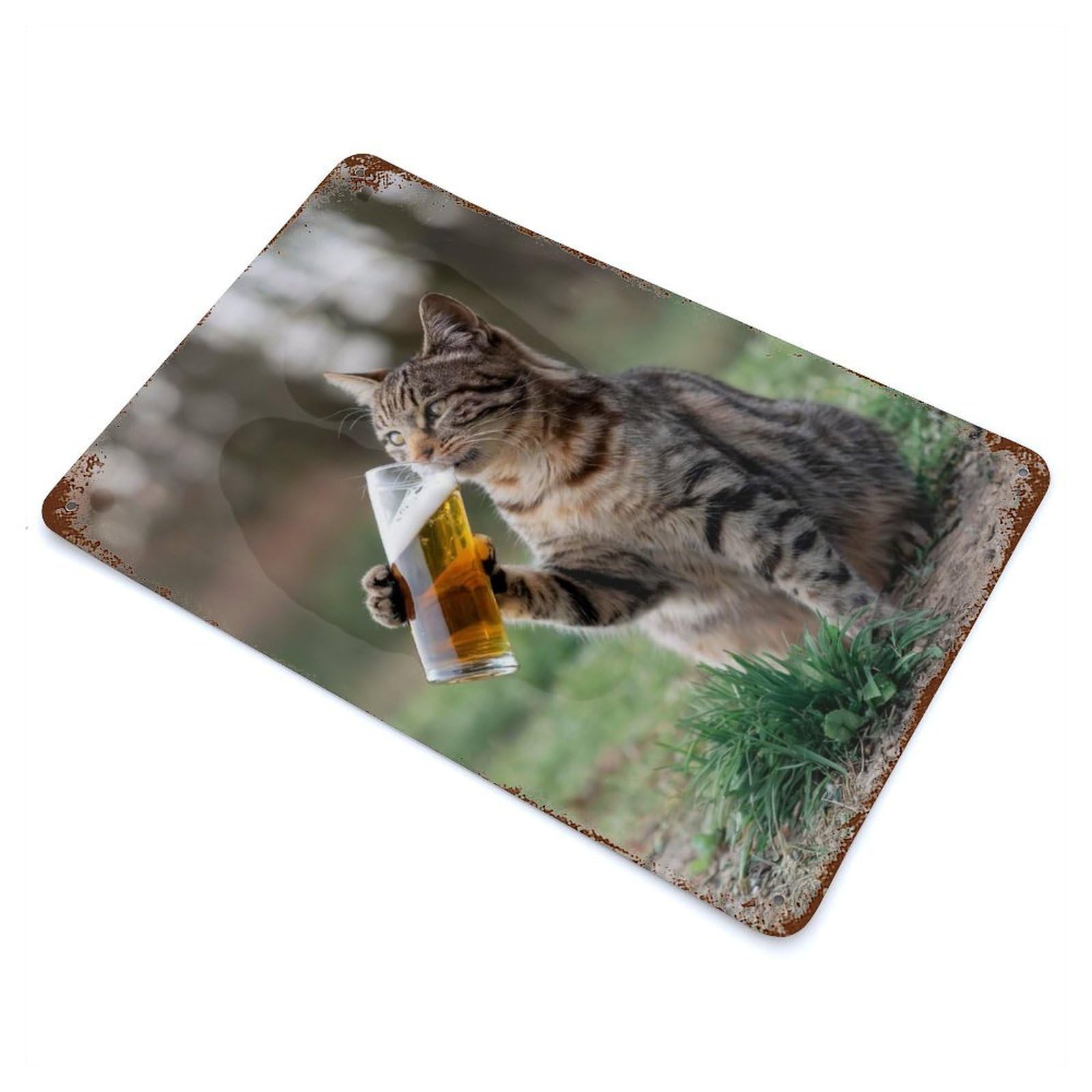 Vintage Metal Tin Sign Cat Enjoying A Sip Of Beer 11.8"x7.9", Industrial Home Decor for Farmhouse, Kitchen And Entryway Decor