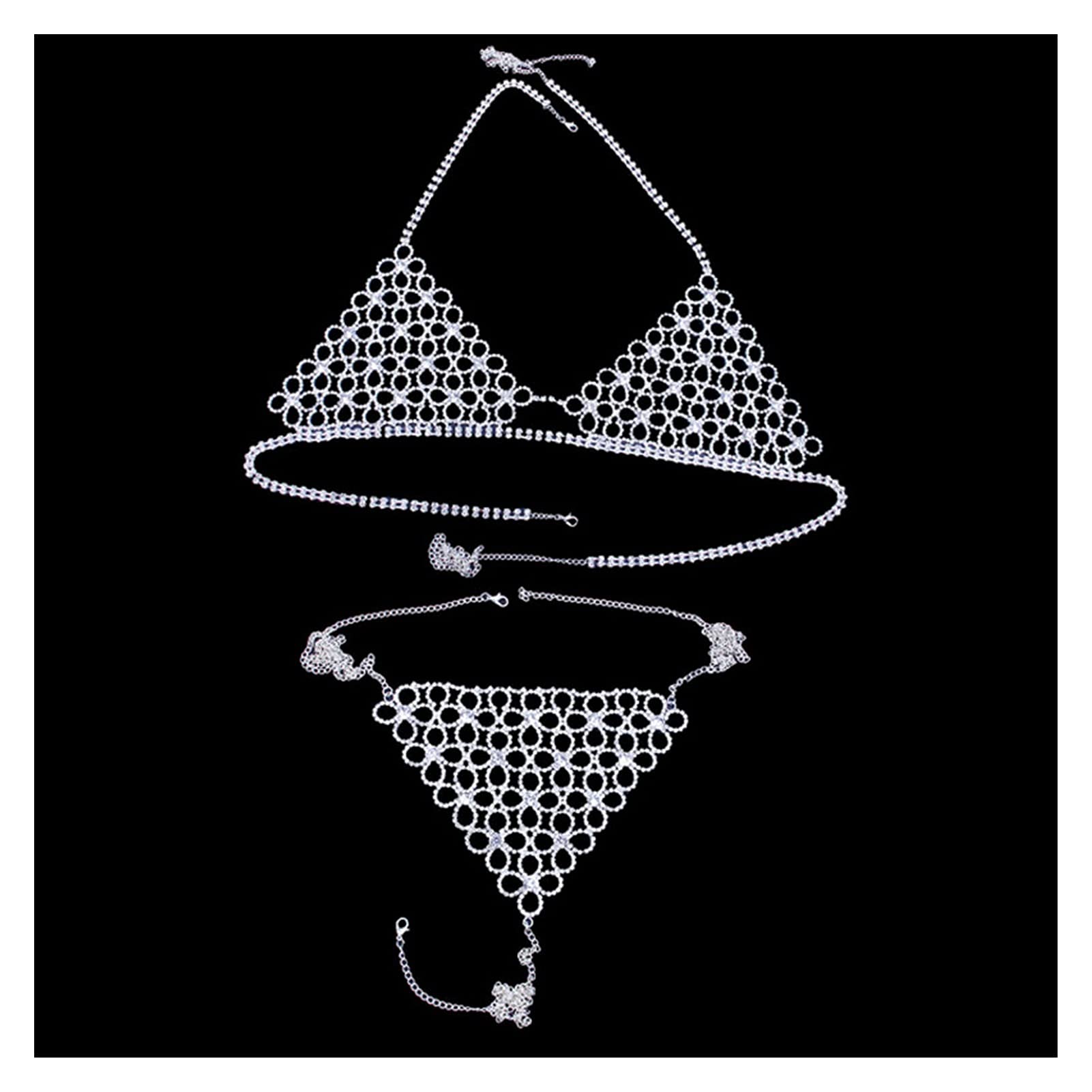 KLXSIVU Body Chain Rhinestone Lingerie Bra Set For Women Luxury Hollow Harness Bikini Jewelry Bling Underwear And Girls (color : Silver Size Set) (gold