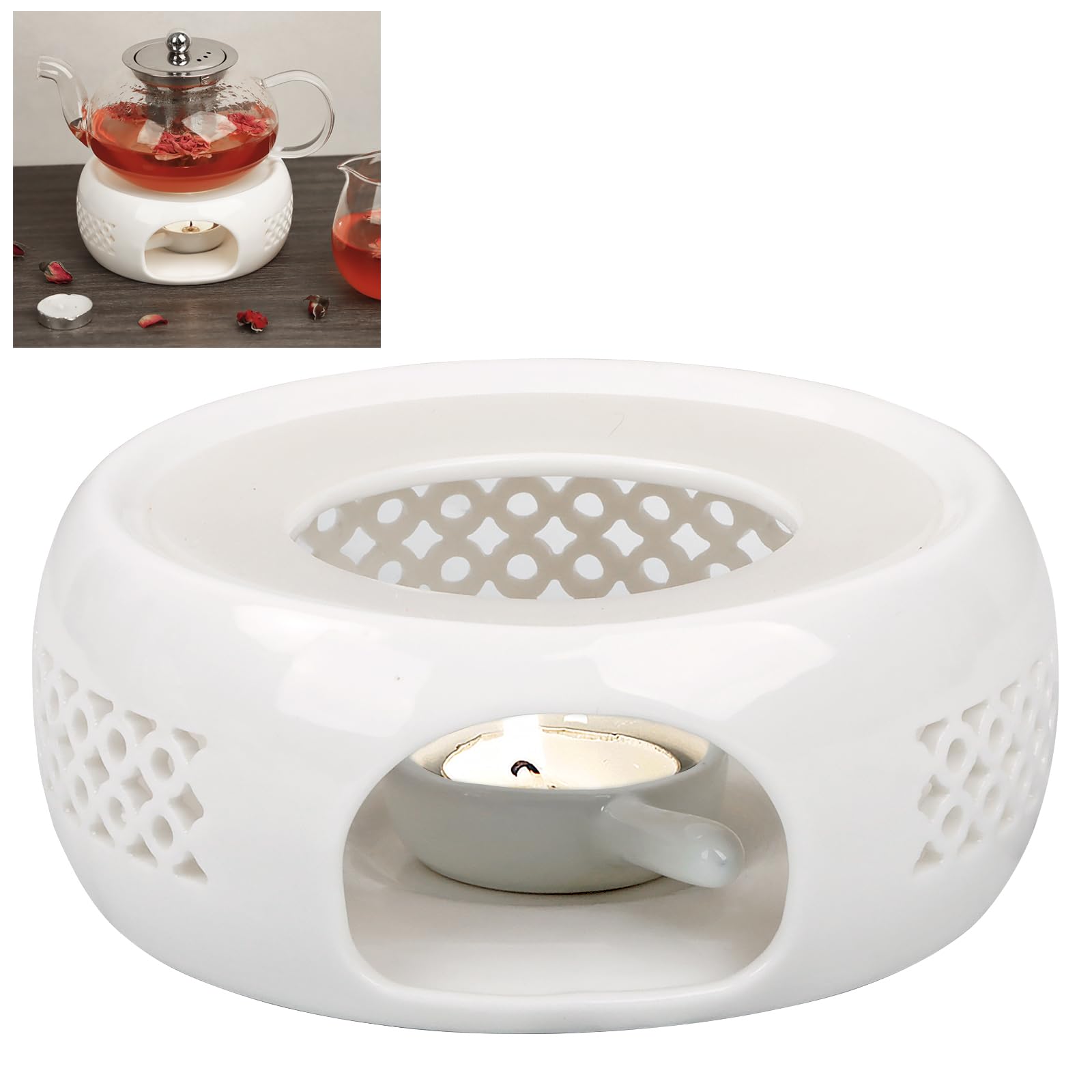 KAYCROWN Teapot Warmer, Ceramic Tea Warmer with Tealight Holder, Teapot Heater for Heating Tea, Coffee, Milk, Tea Light Warmer, Suitable for All Teapots