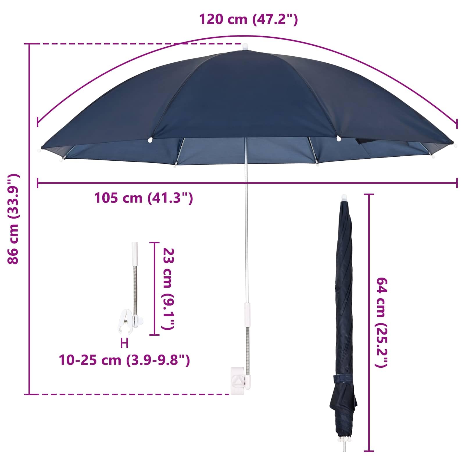 Parasol przeciwsłoneczny z zaciskiem, kolor czerwony, Ø x z poliestru 170T, przenośny, na balkon, taras, do ogrodu, z praktycznym źródłem cienia i ochroną przed promieniowaniem UV