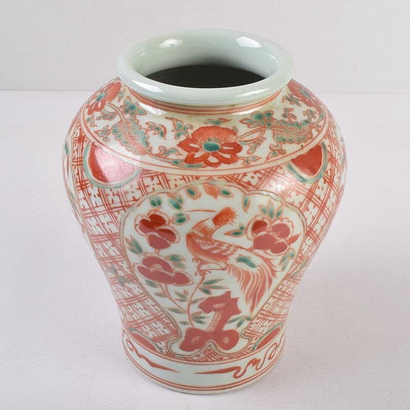 中国 赤絵 花鳥文瓶 C R8941 高さ約16.5cm 幅約13cm 口