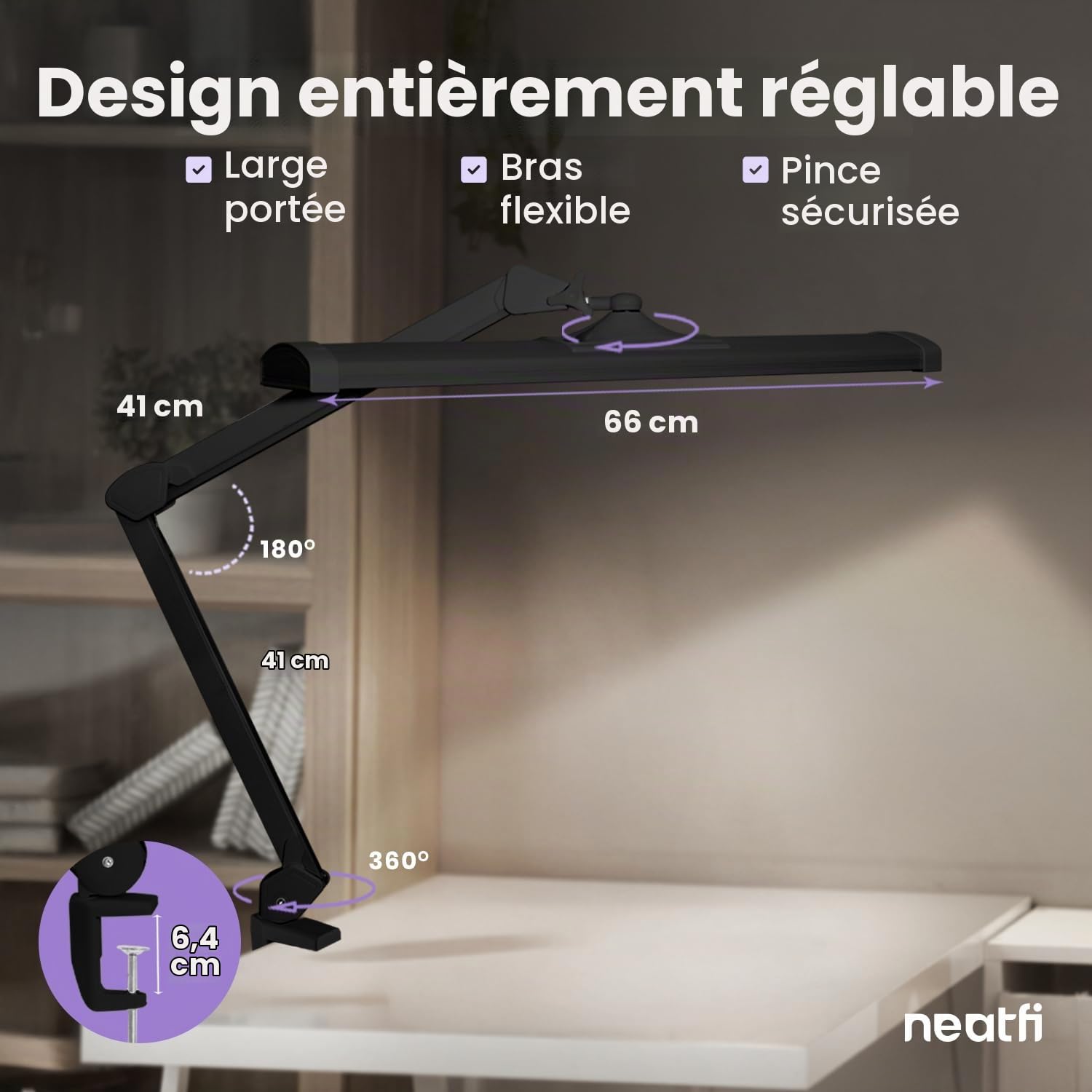 Neatfi Ultra Lampe de bureau – 3 500 lumens, LED 45 W, abat-jour large de 66 cm, 5 niveaux de luminosité, fixation par pince, lumière sans ombre ni scintillement (Noir, Non-CCT avec Pince)