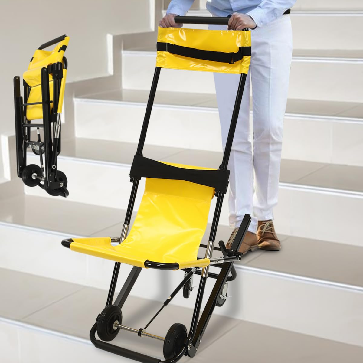 Silla de ruedas plegable para subir escaleras plegable, con reposacabezas ajustable y cinturones de seguridad