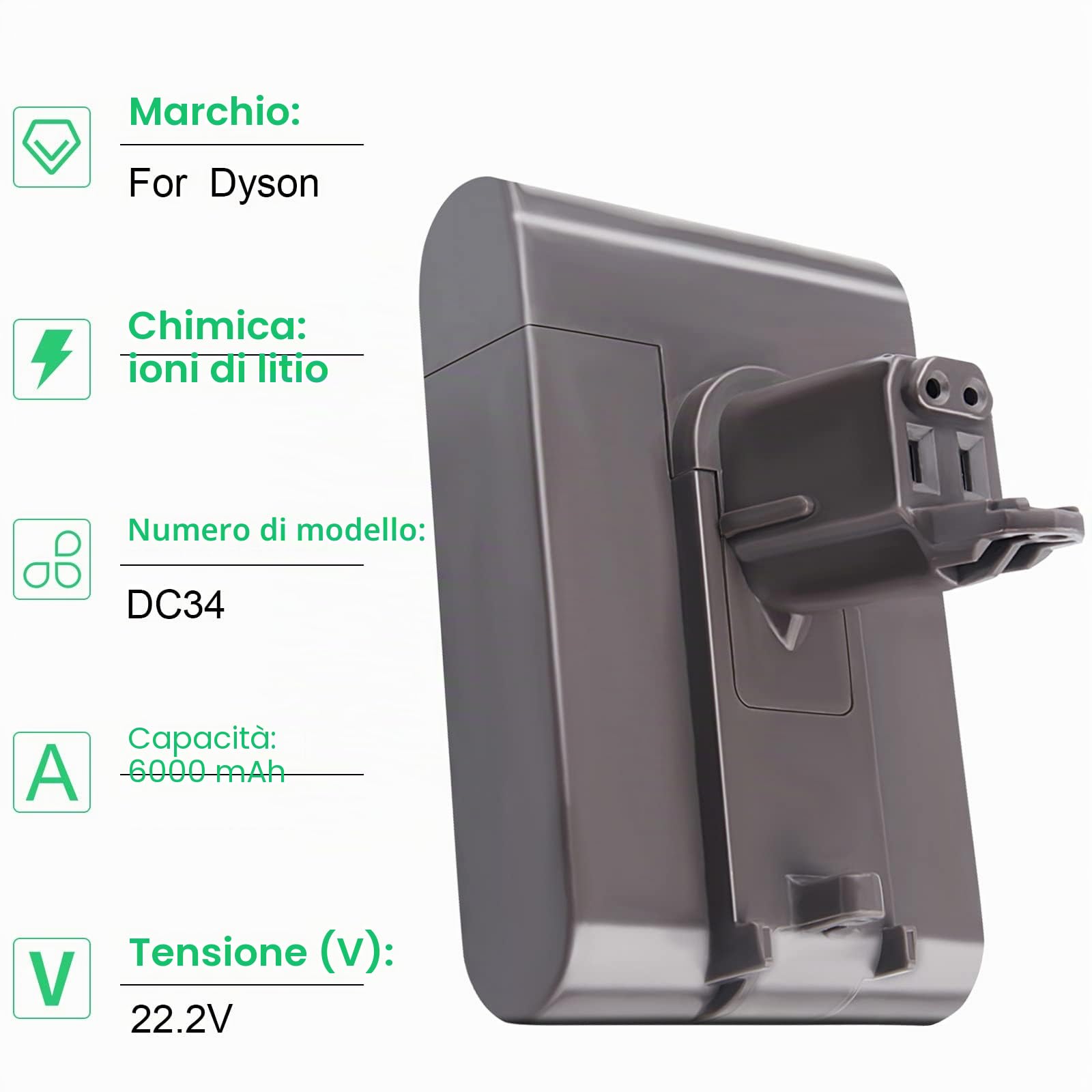 LabTEC DC34 - Batteria di ricambio da 22,2 V, 4000 mAh, per Dyson DC34, DC31, DC35, tipo B, DC44, Animal DC45, DC31, Animal DC34, DC35, Animal DC35, esclusiva batteria per aspirapolvere senza fili