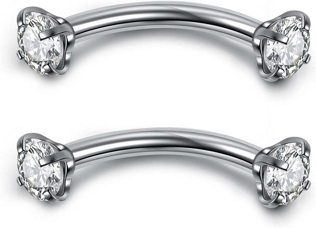 PiercingJ 2-5PCS 16G 3/8" (10MM) Stainless Steel Cubic Zirconia Gem(3MM) Internally Thread Curved Barbell Eyebrow Piercing Jewelry