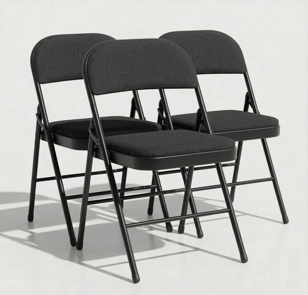 SuperGift.com 3x Black Fabric Padded Folding Chair with Backrest, Heavy Duty Steel Frame Foldable Chair for Home, Garden, Office and Desk Use