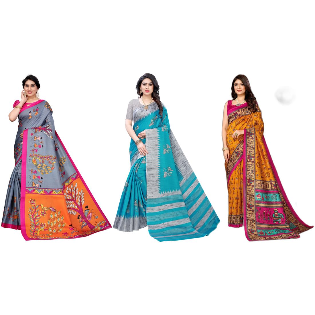 yashika Women's Combo Art Silk Printed Saree With Unstitched Blouse Piece |saree for Women | saree combo | New Sari | Latest Saree_C_102_DNDIYA_GREY_NAURTA_BLU_PORVI_MSTRD-picture-0