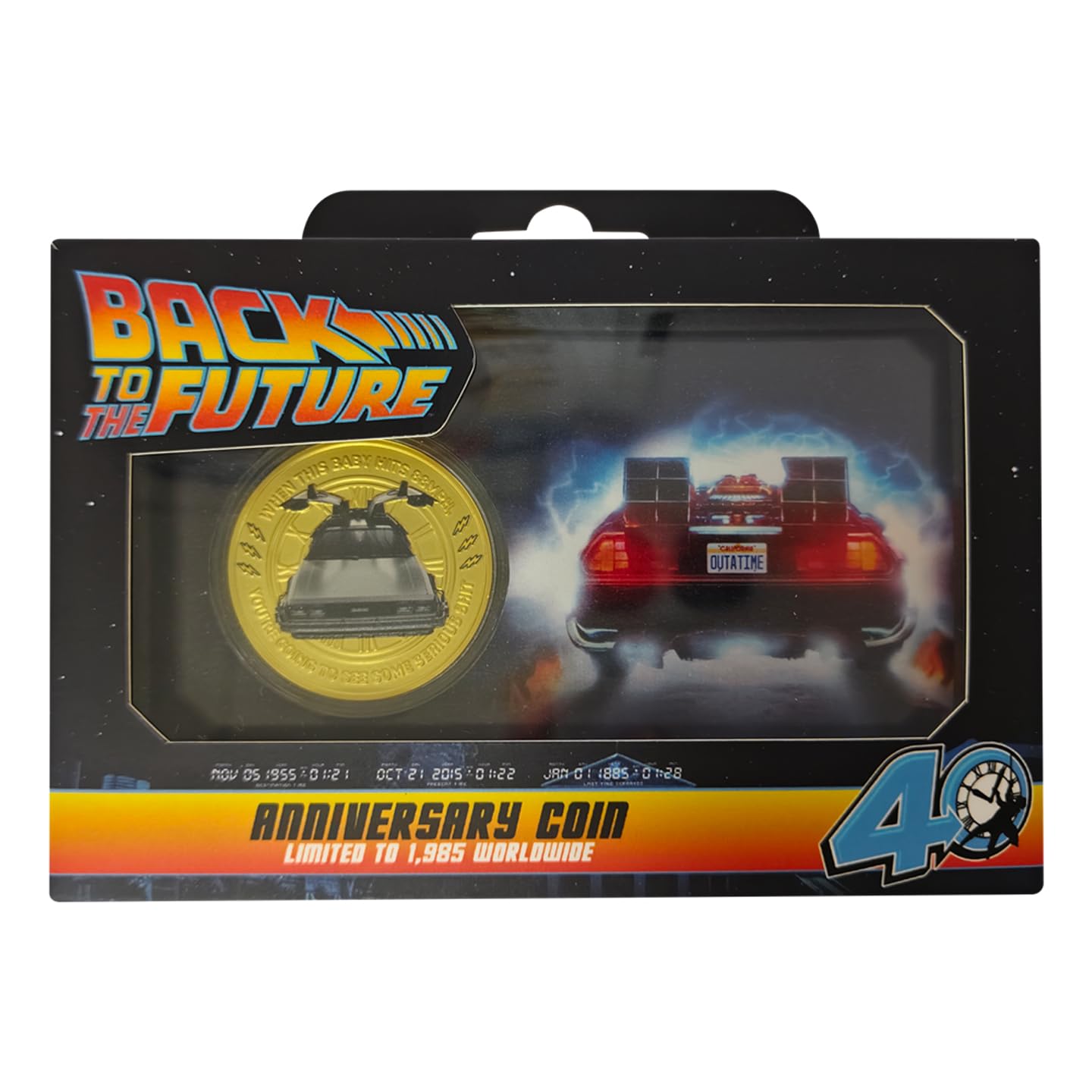 FaNaTtik Moneda de presentación del 40 aniversario de Back to the Future, coleccionable con licencia oficial, numerada individualmente, limitada a 1.985 en todo el mundo, 38 mm de diámetro con caja