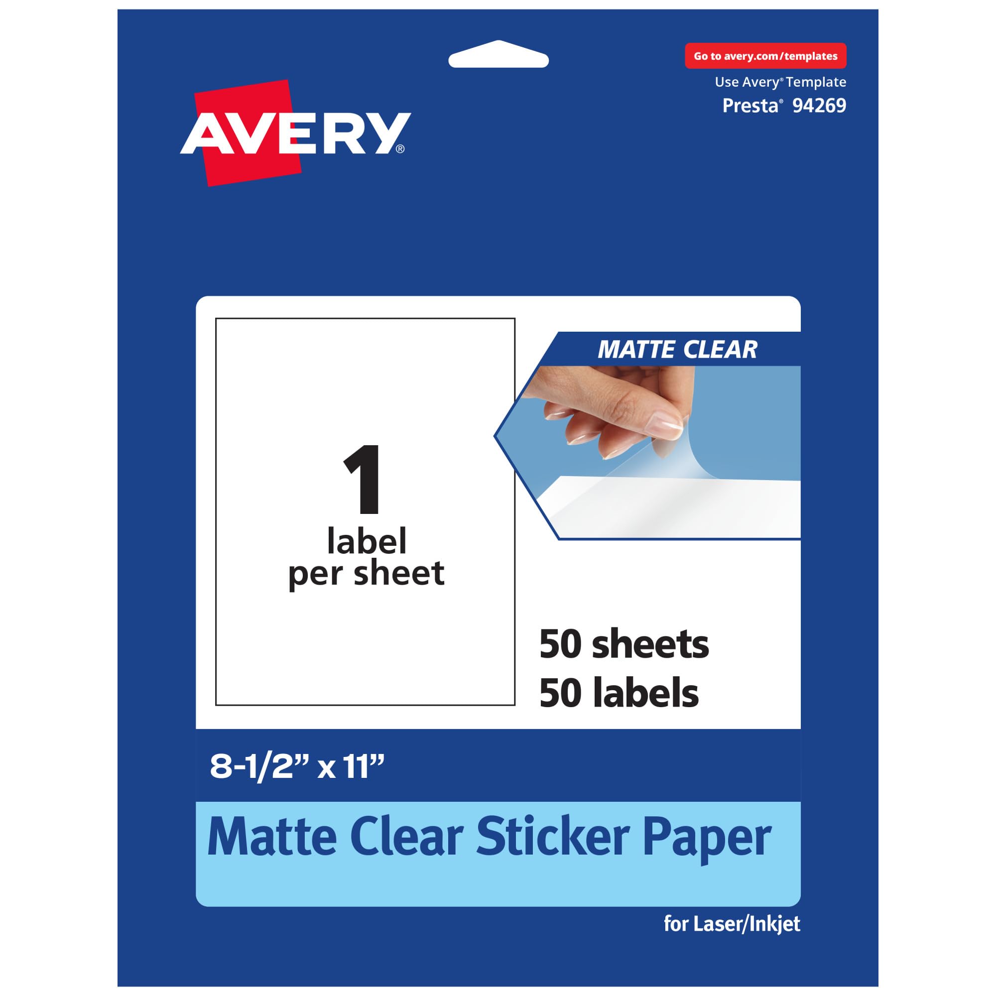 Avery Matte Clear Rectangle Sticker Sheets, 8.5" x 11", 50 Matte Clear Labels, Laser/Inkjet Printable Labels