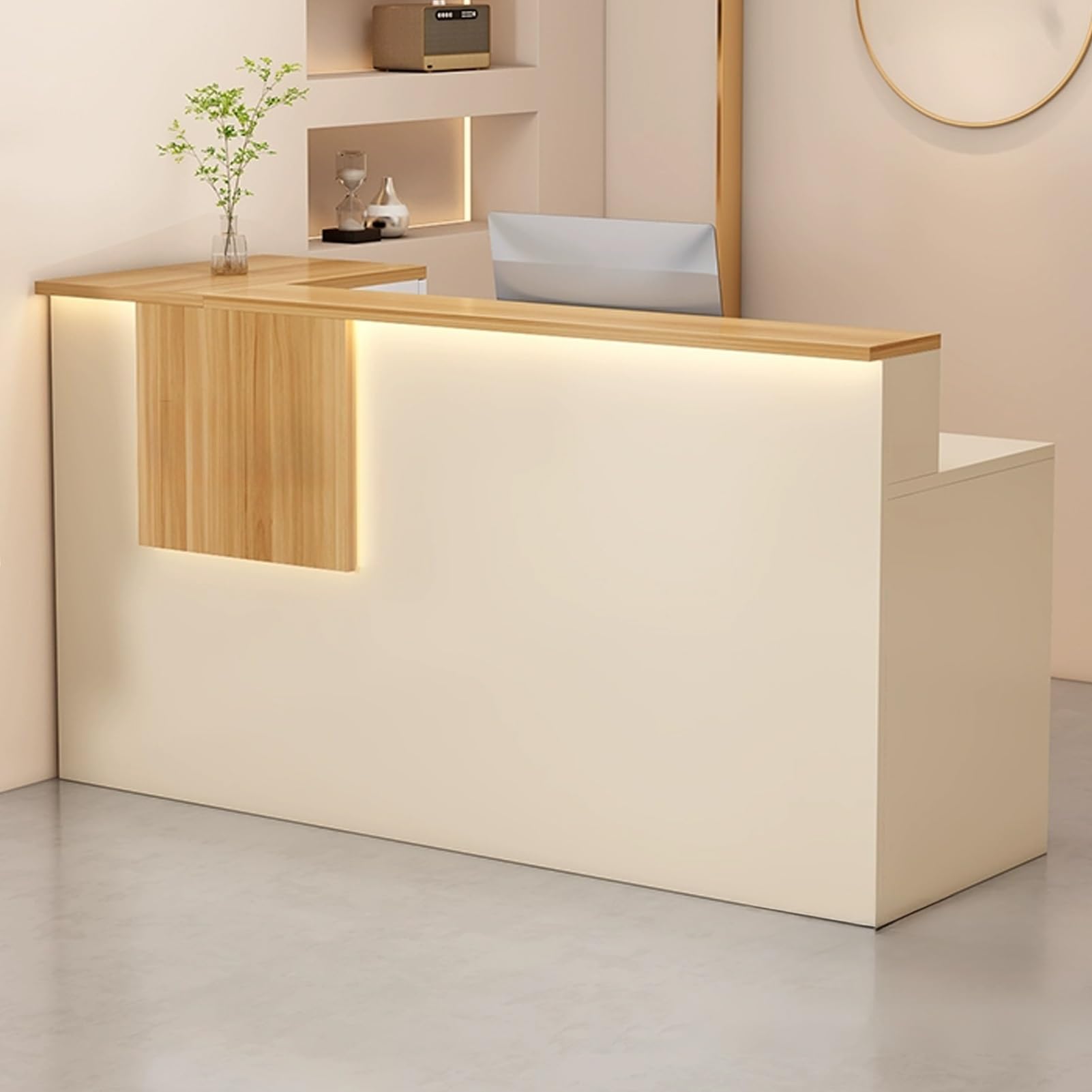 Empfangstresen, Moderner Verkaufstresen Mit Abschließbarer Schublade, Kassentisch Mit Doppelwandiger Arbeitsplatte, Empfangstresen Für Kosmetikstudios, Creme + Natürlich, 120 cm (47,2 Zoll)