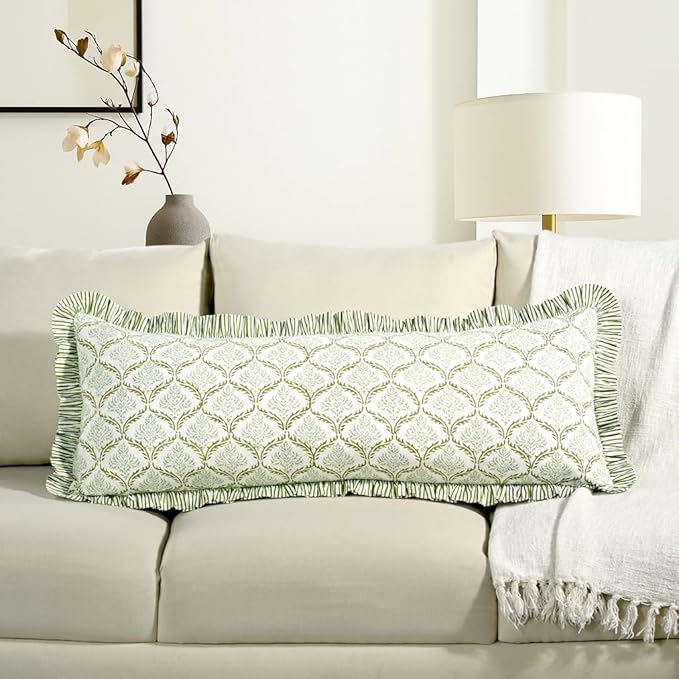 CPC Fern Regal Hand Block Print 100% Cotton Ruffle Throw Pillow Cover 14x36 inch with Hidden Zipper Decorative for Couch, Bed, Sofa, Farmhouse, Cottagecore Decor Gift Christmas Fall Thanksgiving