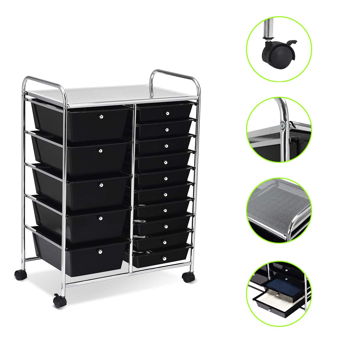 GIANTEX Carro de Almacenamiento con 15 Cajones Plásticos, Estantería con 4 Ruedas 360°, 2 Bloqueables, 63 x 37 x 87 cm, Carrito Auxiliar para Salón, Cocina, Baño (Negro)
