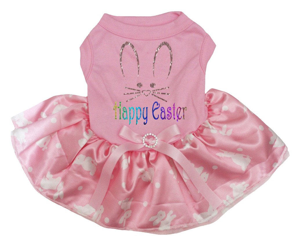 Petitebella Bunny Face Happy Easter Puppy Dog Dress (Pink/Pink Bunny Dots, Medium)