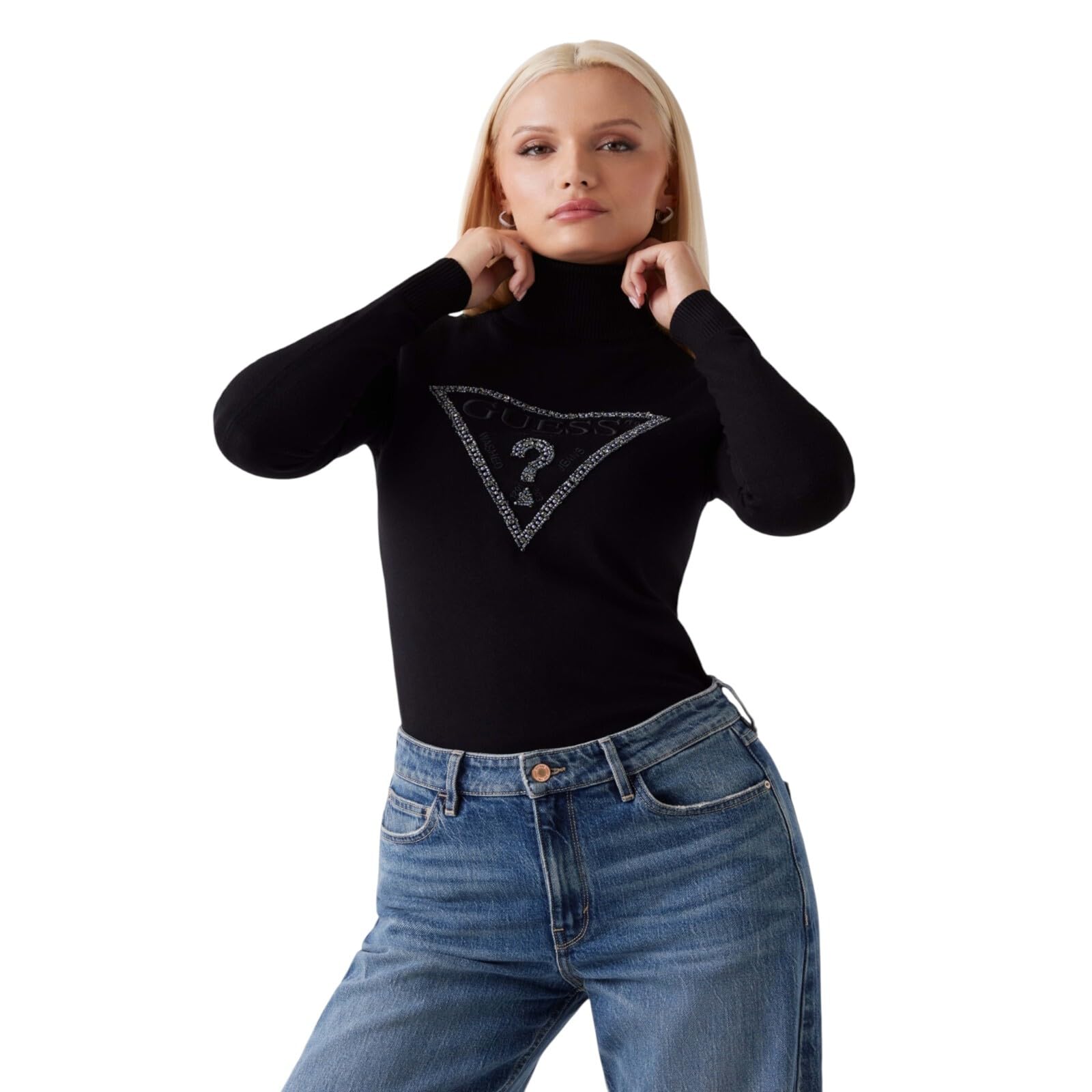 Guess Womens Eco Long Sleeve Melanie Triangle Logo Sweater