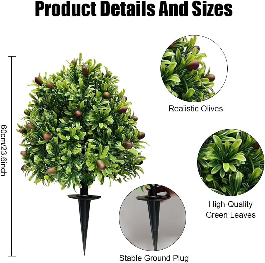Artificial Olive Topiary Ball Trees 24" with Ground Spikes (2 Pack) - Realistic UV Proof Faux Outdoor Plants for Porch, Garden, Mediterranean Yard Decor, No Maintenance Fake Shrubs (2 Pcs)