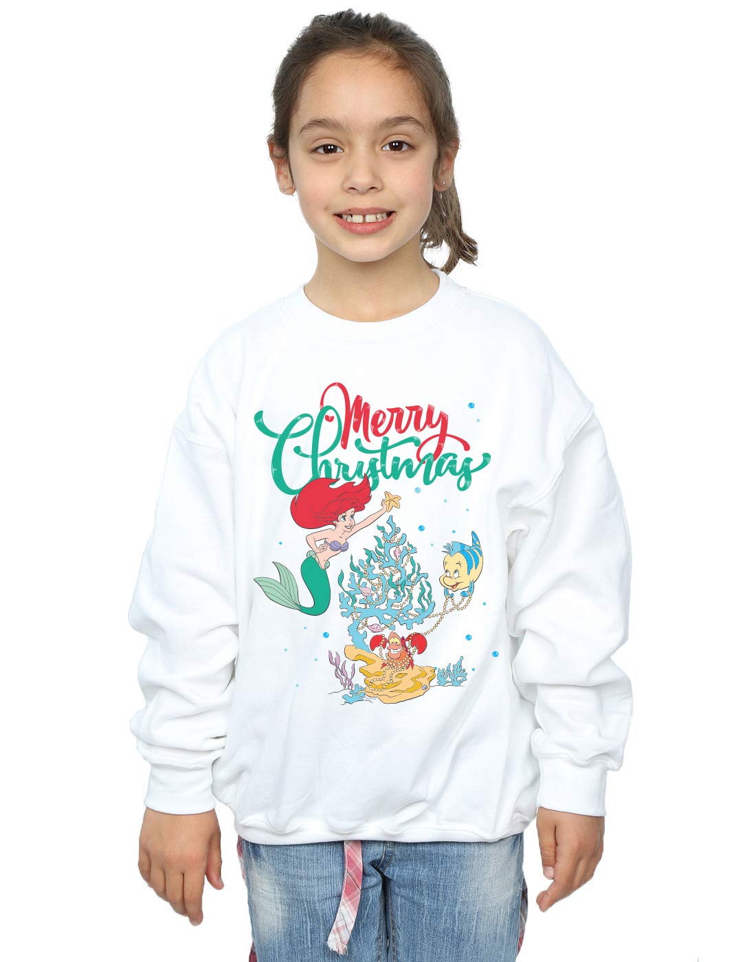 Absolute Cult Girls White Disney Princess Ariel Merry Christmas Sweatshirt 7-8 Years