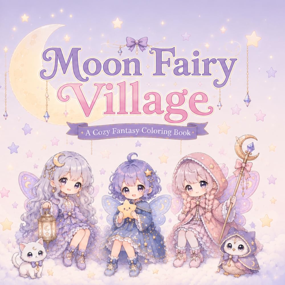Moon Fairy Village: Cute and Cozy Fantasy Coloring Pages for Relaxation