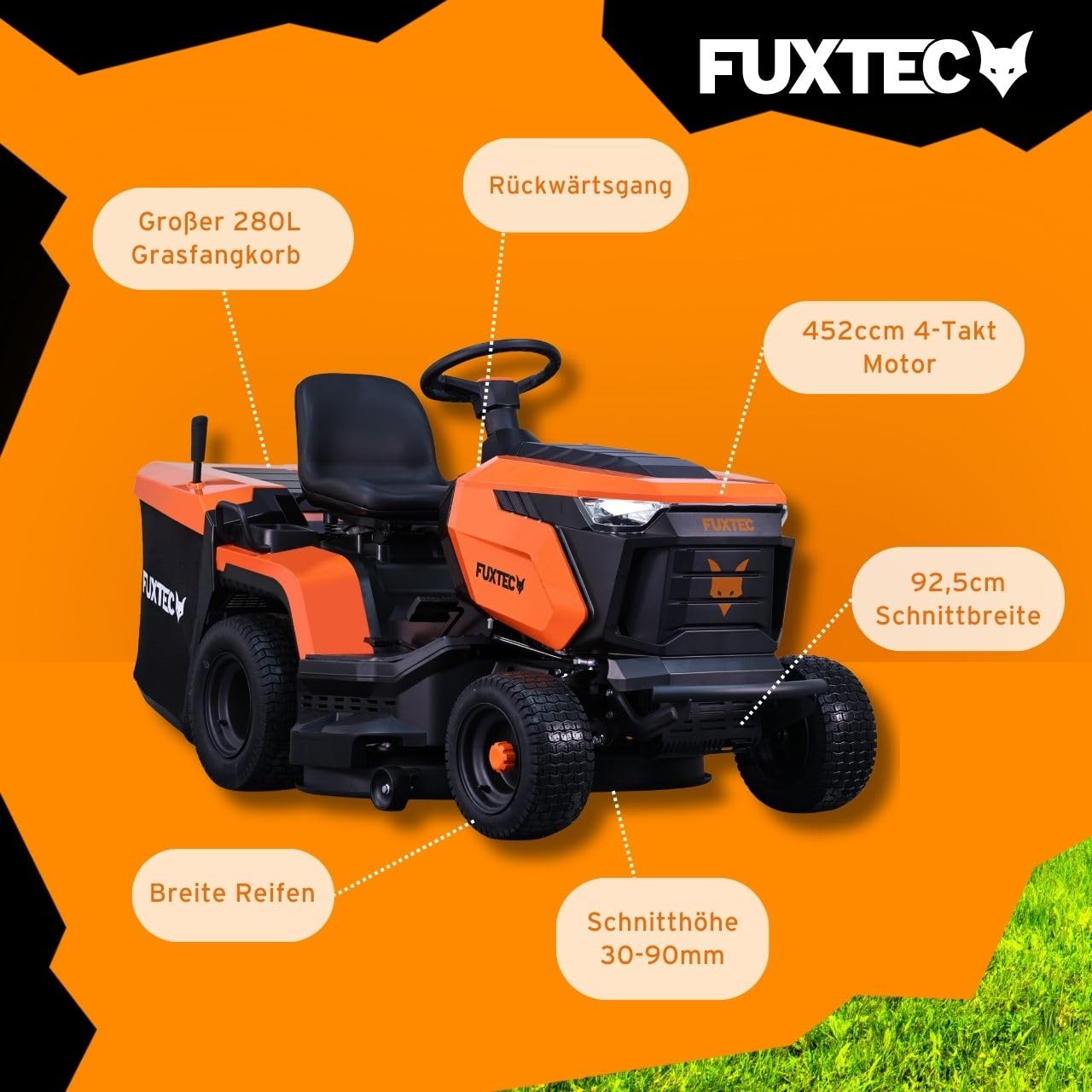 FUXTEC Rasentraktor FX-RMT92A, Aufsitzmäher mit 92cm Schnittbreite, 6-stufige Schnitthöhenverstellung, 452ccm Hubraum, Hydrostat, Rückwärtsmähen, geeignet für Flächen bis 6500m²