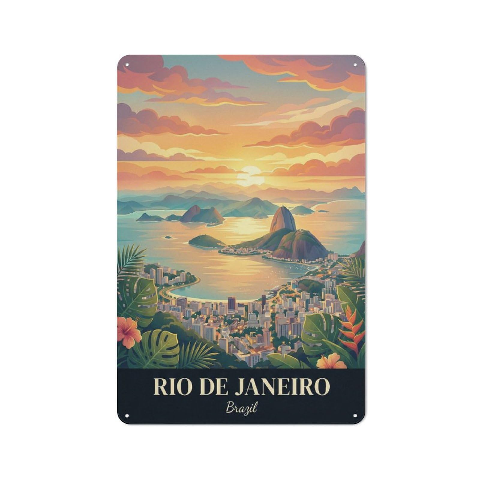 Junmoney Style-12 Rio De Janeiro Sunset Cityscape Rustic Printed Metal Sign 30X20cm For Garage Or Workshop, For Garage, Workshop And Man Cave Decoration