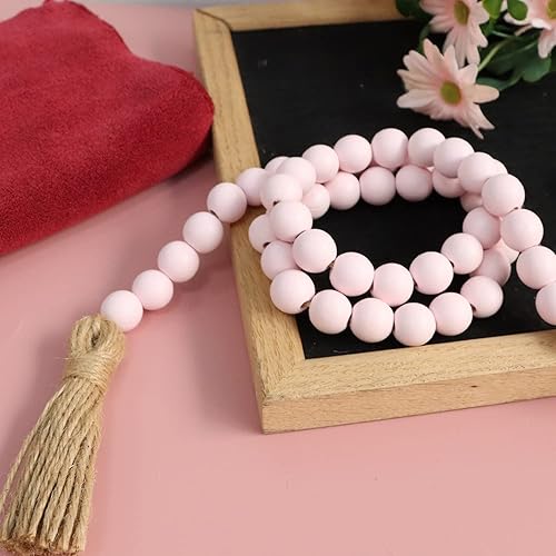 Vista 2 de Meplait Guirnalda de cuentas de madera de 39 pulgadas con borlas, cuentas de oración versátiles, estilo bohemio y chic para colgar en la pared, Rosa