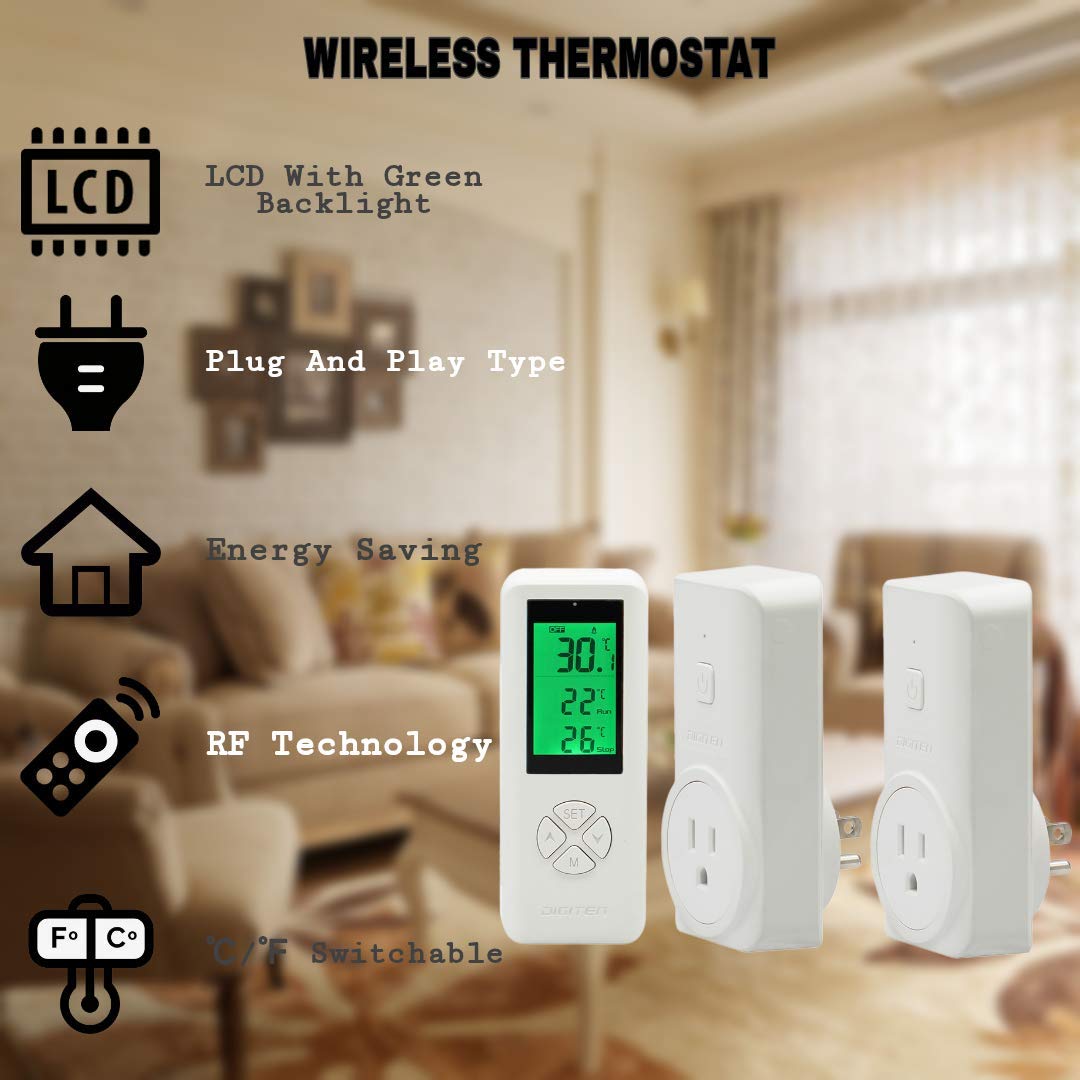 DIGITEN Toma de termostato inalámbrica (con 2 receptores), controlador de temperatura enchufable, controlador de temperatura de invernadero, enchufe de termostato de reptil, control remoto, sensor