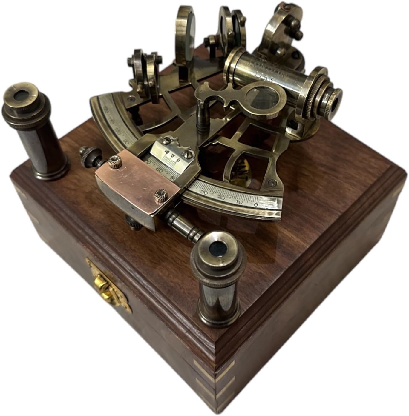Sextante náutico de latón vintage antiguo Astrolabio | Instrumento de navegación marítima con caja de madera | Herramienta de navegación celestial con 2 telescopios adicionales | Decoración