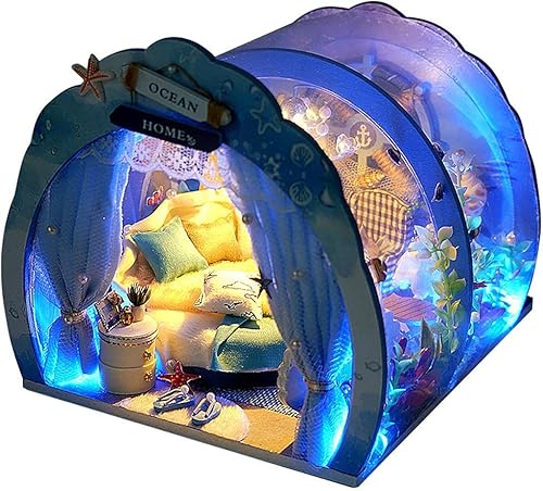 Casa de muñecas LED DIY mini túnel océano casa de muñecas kit miniatura con muebles casa de muñecas de madera regalo para niños amigos romántico
