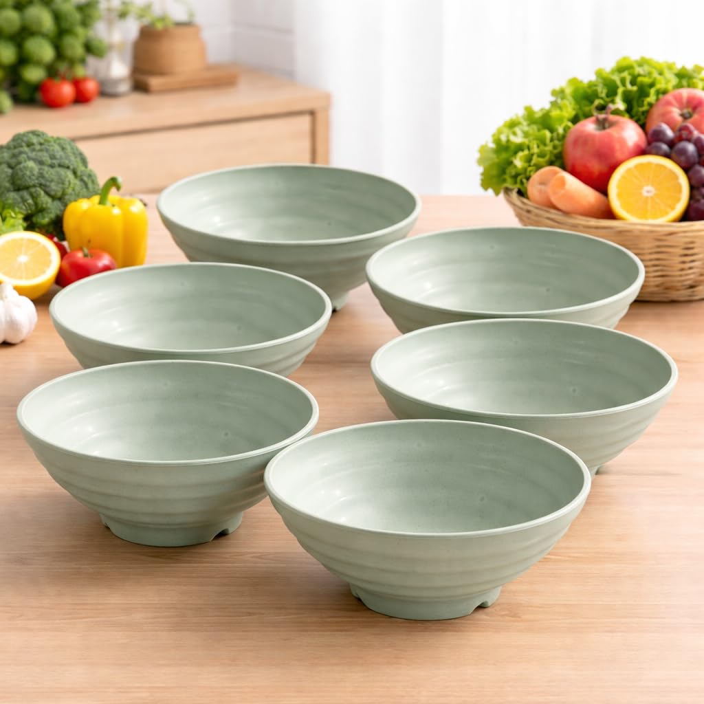 Wheat Straw Salad Bowls Set (900ml) – Large Microwave Safe, Unbreakable & Stackable Bowls for Salad, Soup, Ramen – BPA-Free, Eco-Friendly, Lightweight Serving Bowls for Kitchen (6, Green)