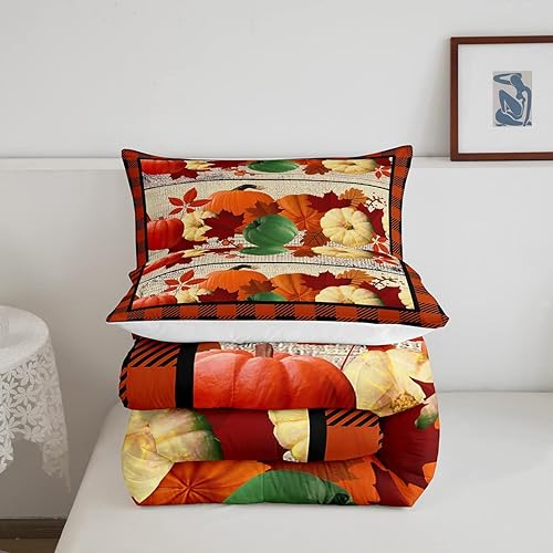 Miniatura 5 de Juego de ropa de cama de calabaza, juego de edredón geométrico a cuadros para niños y niñas, decoración de festival de calabaza de otoño, juego de