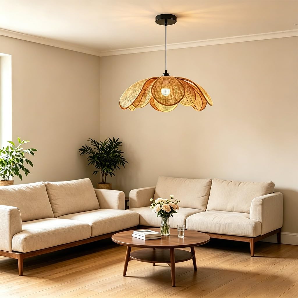 Blumenförmige Rattan Pendelleuchte Handgewebte Hängeleuchte E27 Natürliche Deckenlampe Für Wohnzimmer Schlafzimmer Esszimmer Flur Küche Moderne Rustikale Verstellbarer Höhe(50CM)