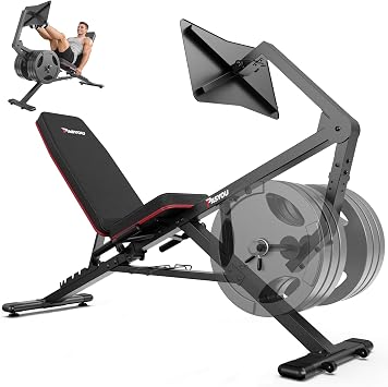 PASYOU Adjustable Weight Bench for Home Gym, Leg Press Machine Adjustable Foot Plate Weight Bench with Leg Press, Compact Fitness Bench for Glutes, Quads, Compatible with 1 and 2 Weight Plates