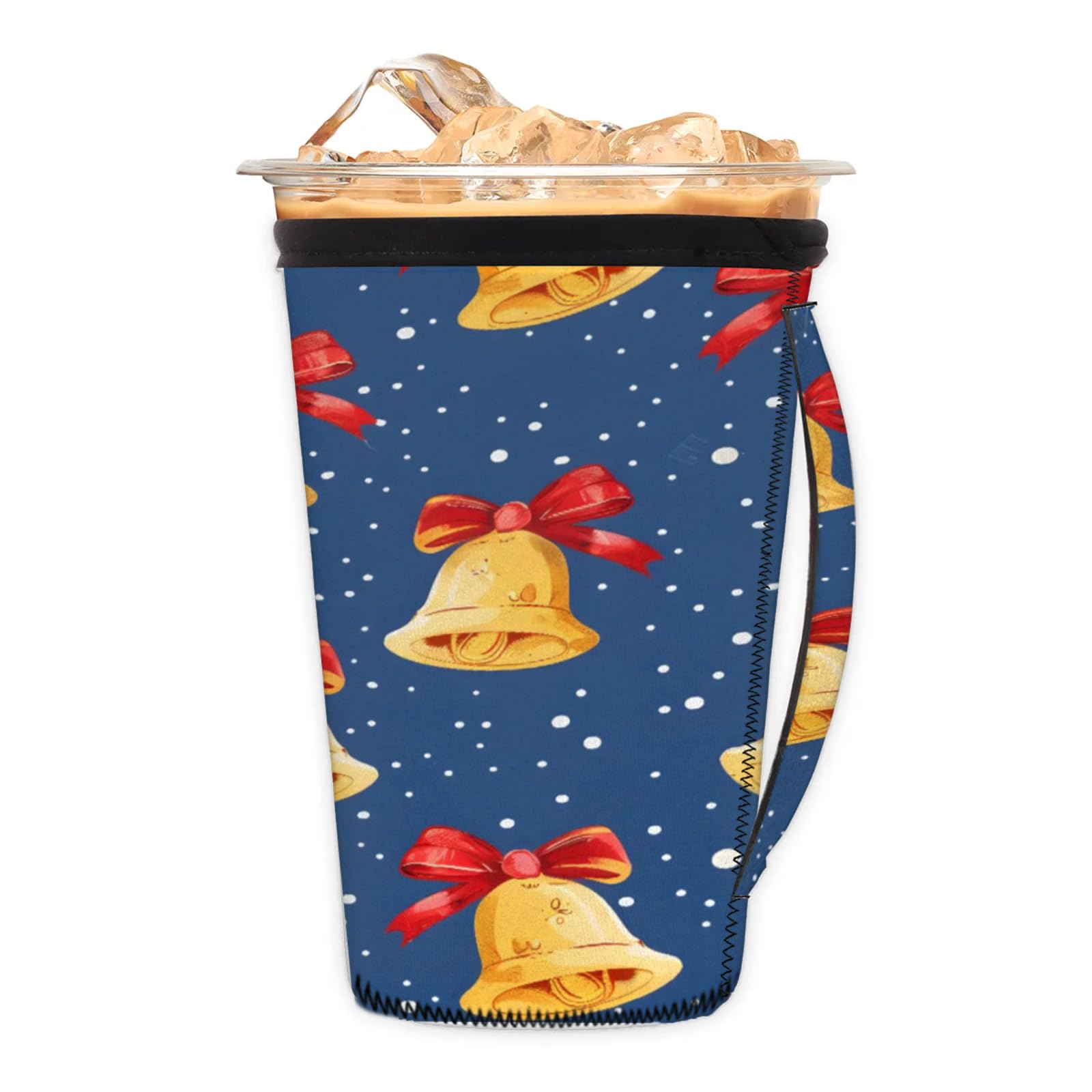 Snowflakes Bells Reusable Neoprene Coffee Sleeve with Handle Insulated Iced Coffee Cup Holder Reduces Condensation Fits 24-28 oz Cups M