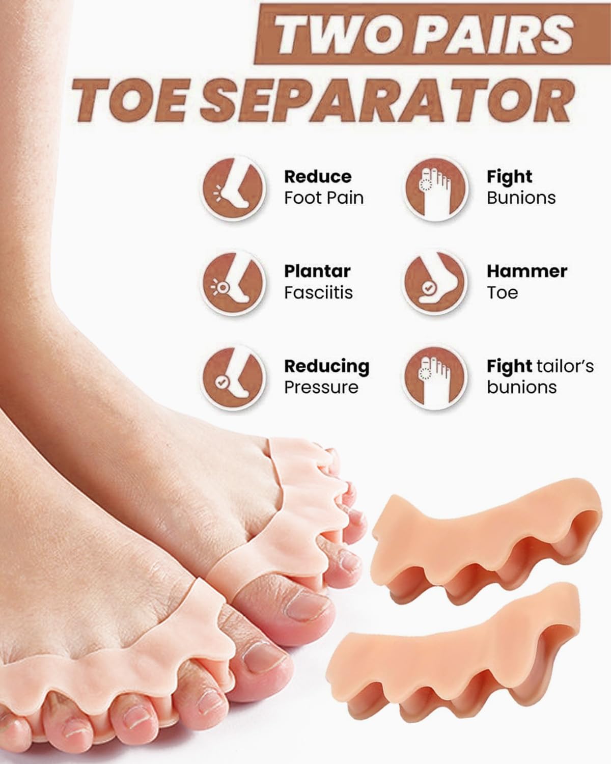 Separadores de Dedos de Los Pies，Separador Dedos Pie Unisex,Para Ejercicios Yoga,Corrección Pies, Corrección de Dedos Doblados o Superpuestos,Para Juanetes(2 Pares,Beige)