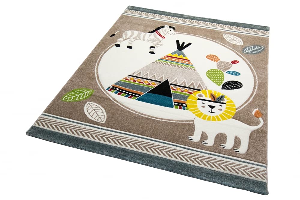 Teppich-Traum Alfombra Infantil de Juego con Tipi India León Cebra Cactus Beis Azul Crema marrón - Muy Resistente & fácil de Limpiar Größe 120x170 cm