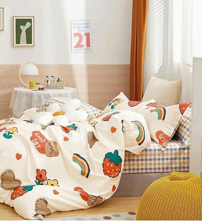 Atroma Brand - Kids Reversible Cartoon Printed Double Bed King Size Comforter with Matching Bedsheet 90 * 100 with 2 Pillow Covers Set of 4 Pieces. (Cream-Good Day)-image-44
