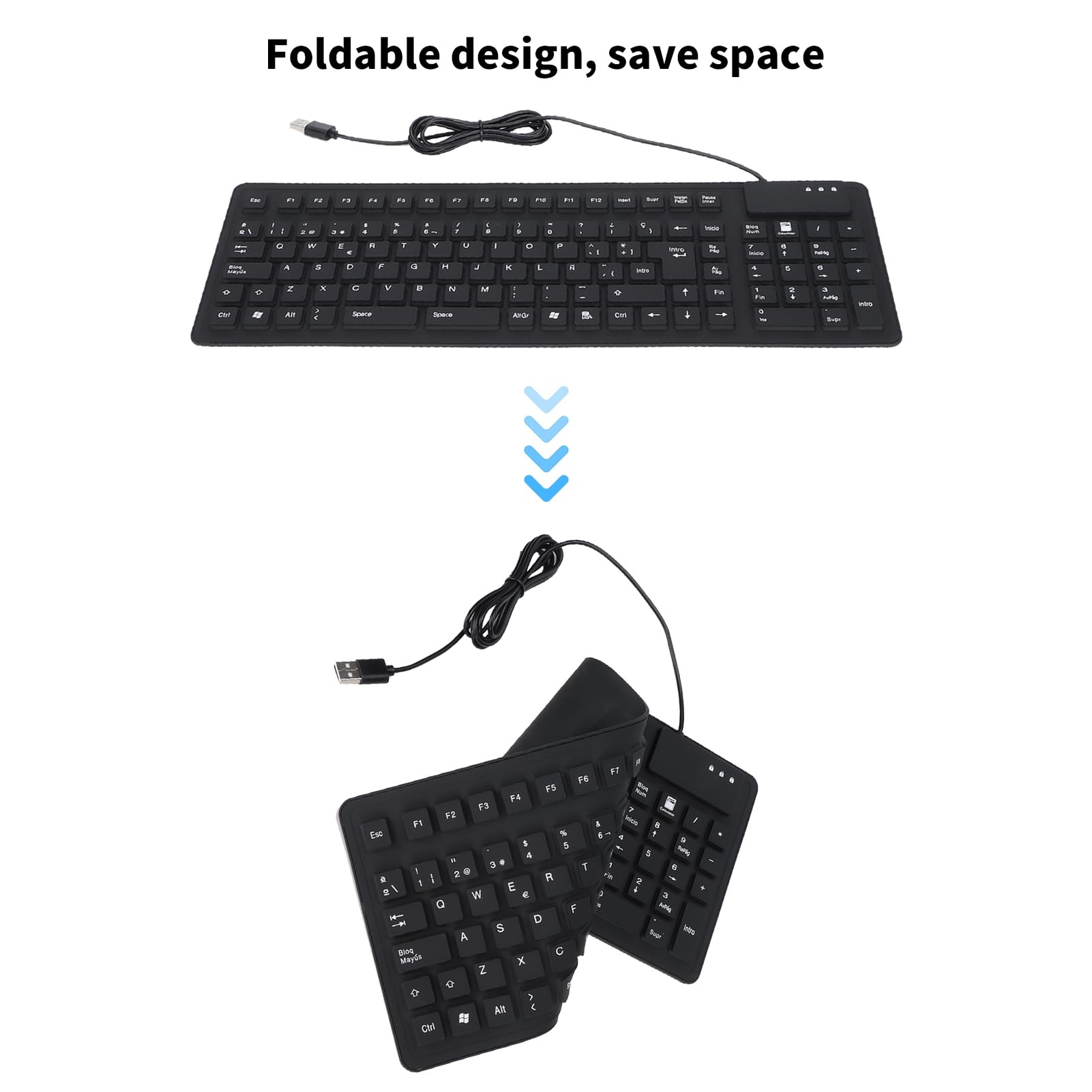 Dioche Tastiera 108 tasti spagnola USB cablata portatile pieghevole silenziosa impermeabile antipolvere tastiera in silicone