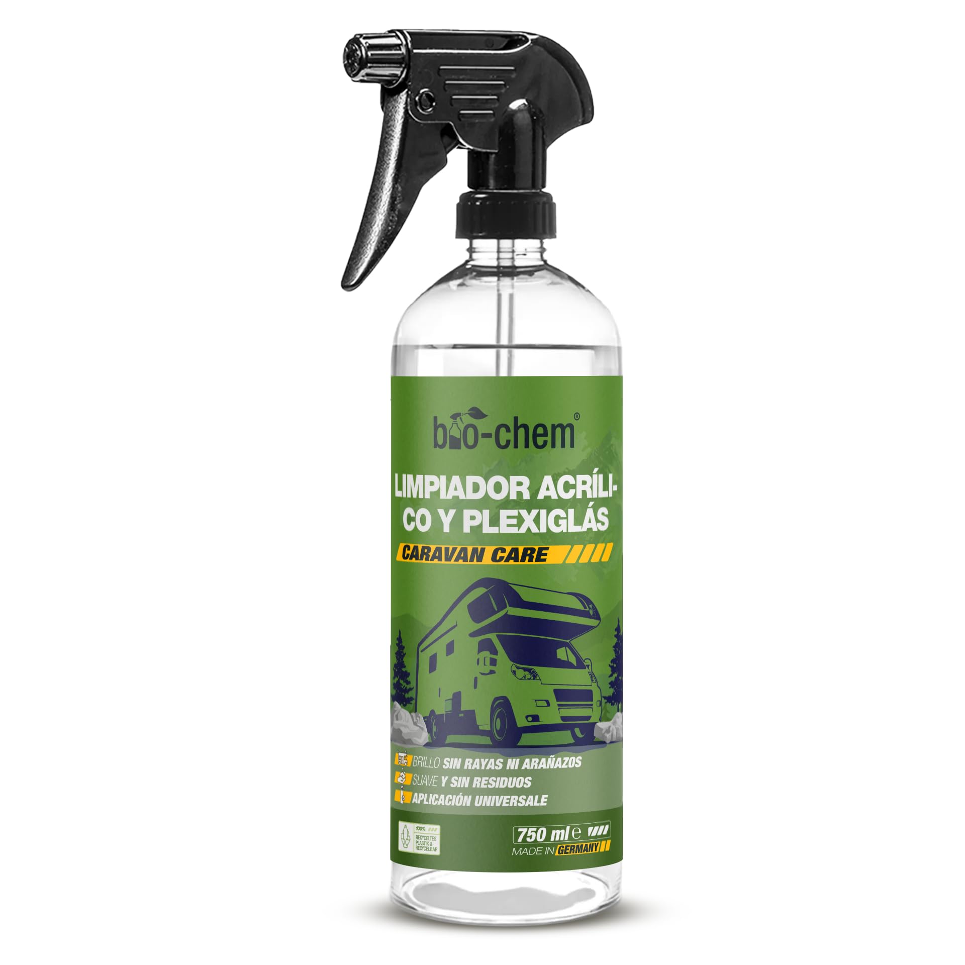 Bio-Chem - Limpiacristales acrílico y plexiglás 750 ml - Limpiacristales para caravanas, autocaravanas y automóviles - Spray líquido limpiacristales para automóviles