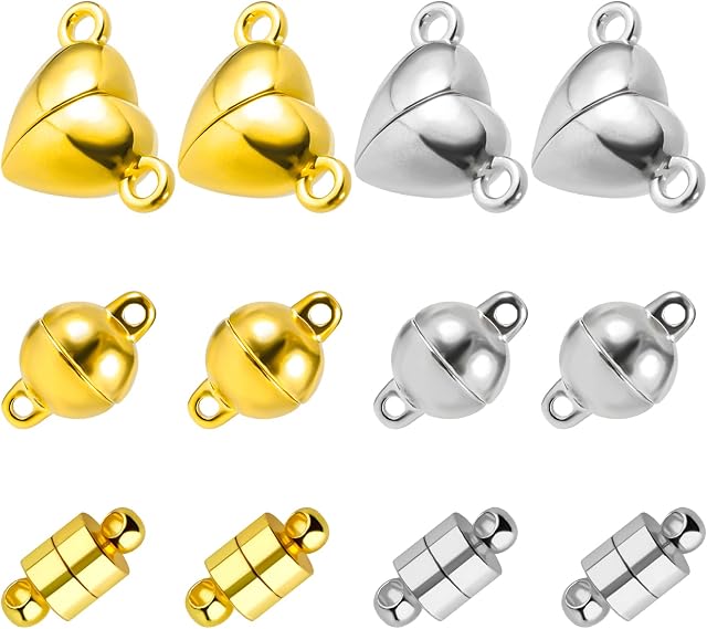 AIEX 12pcs Locking Magnetic Clasps for Jewelry Making Kit, Spherical Cylinder Love Heart Shaped Magnetic Bracelet Clasps Converter Necklaces for DIY Jewelry - Strong Magnetism (Silver, Gold)