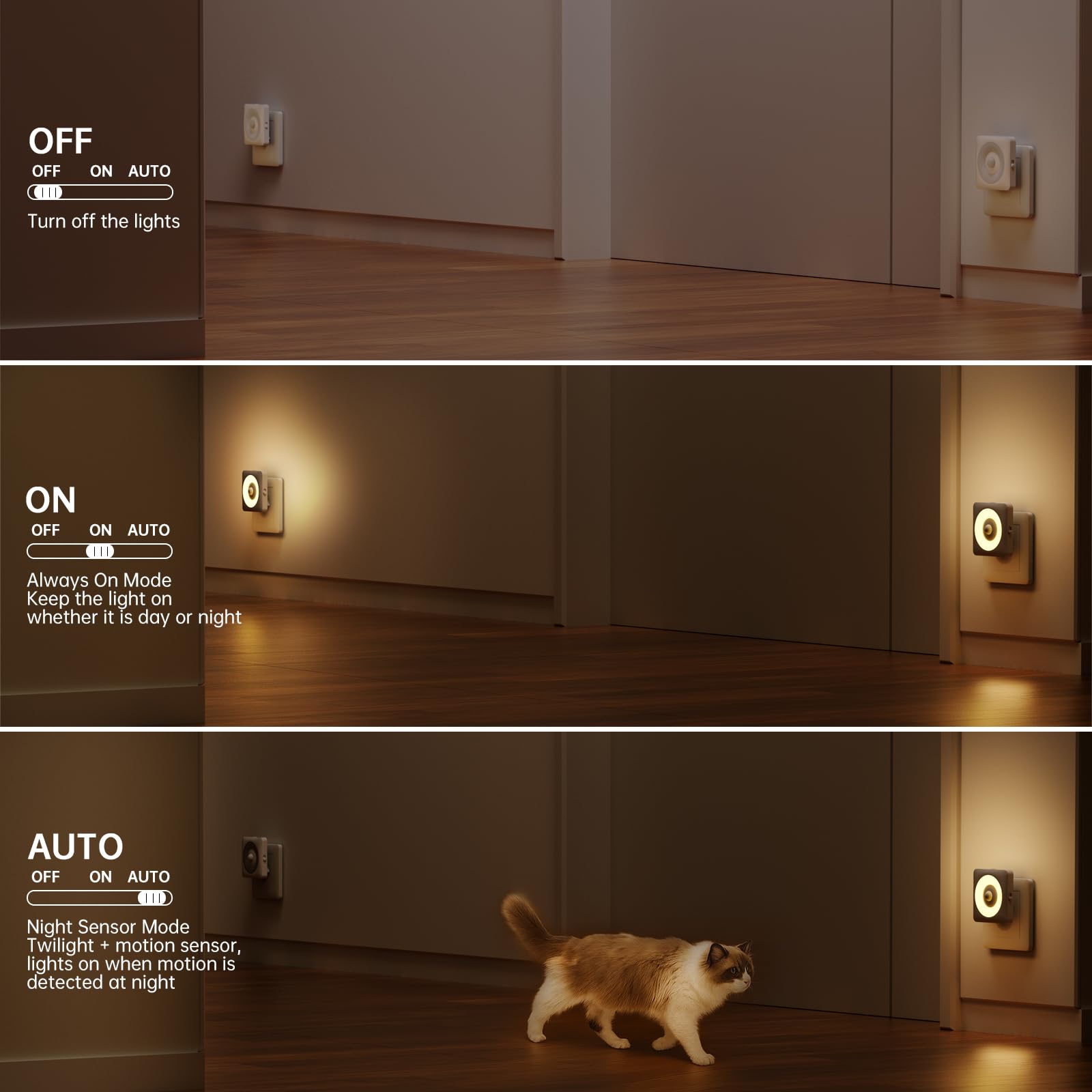 Luce Notturna Bambini da Presa, 2 Pezzi Luci Notturne con Sensore Movimento Modalità Sensore o Sempre Accesa Regolabile, Certificata CE per Interni da Letto, Soggiorno e Bagno (Bianco caldo)