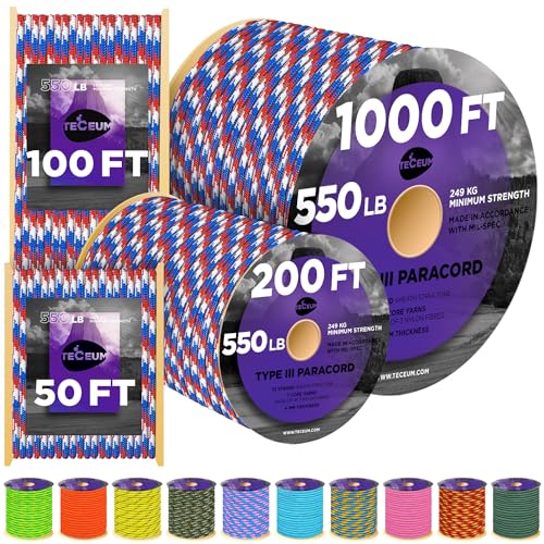 Image of TECEUM Reflective Paracord Rope 1000 - 1000ft /200ft /100ft /50ft - 40+ Colors - Glow in the Dark - para Cord - Utility Rope for Survival, Hunting & Camping Gear - Nylon String, Camping Rope, Tent Cord