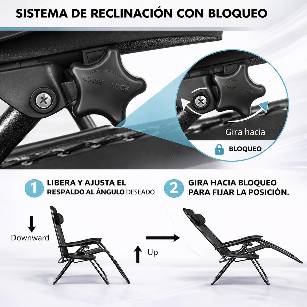 Pack 2 Tumbonas o Sillas de Exterior Plegables para jardín | Playa | Piscina o Terraza | Hamacas Reclinables Camping con Portavasos y Reposacabezas | Hasta 150kg | Silla plegable playa o Tumbona — view 6
